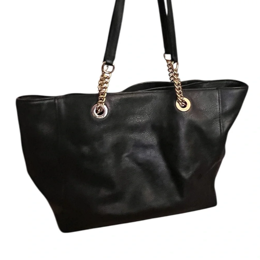 Coach 57107 Black Leather Turnlock Silver Chain Strap Tote Bag - Picture 5 of 13